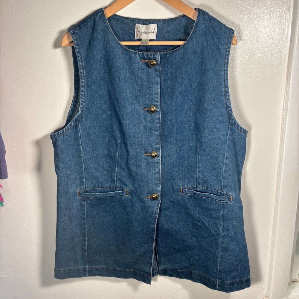 Vintage Rosewood Denim Vest Women Sz XL Blue Gold Button Waistcoat Layering
